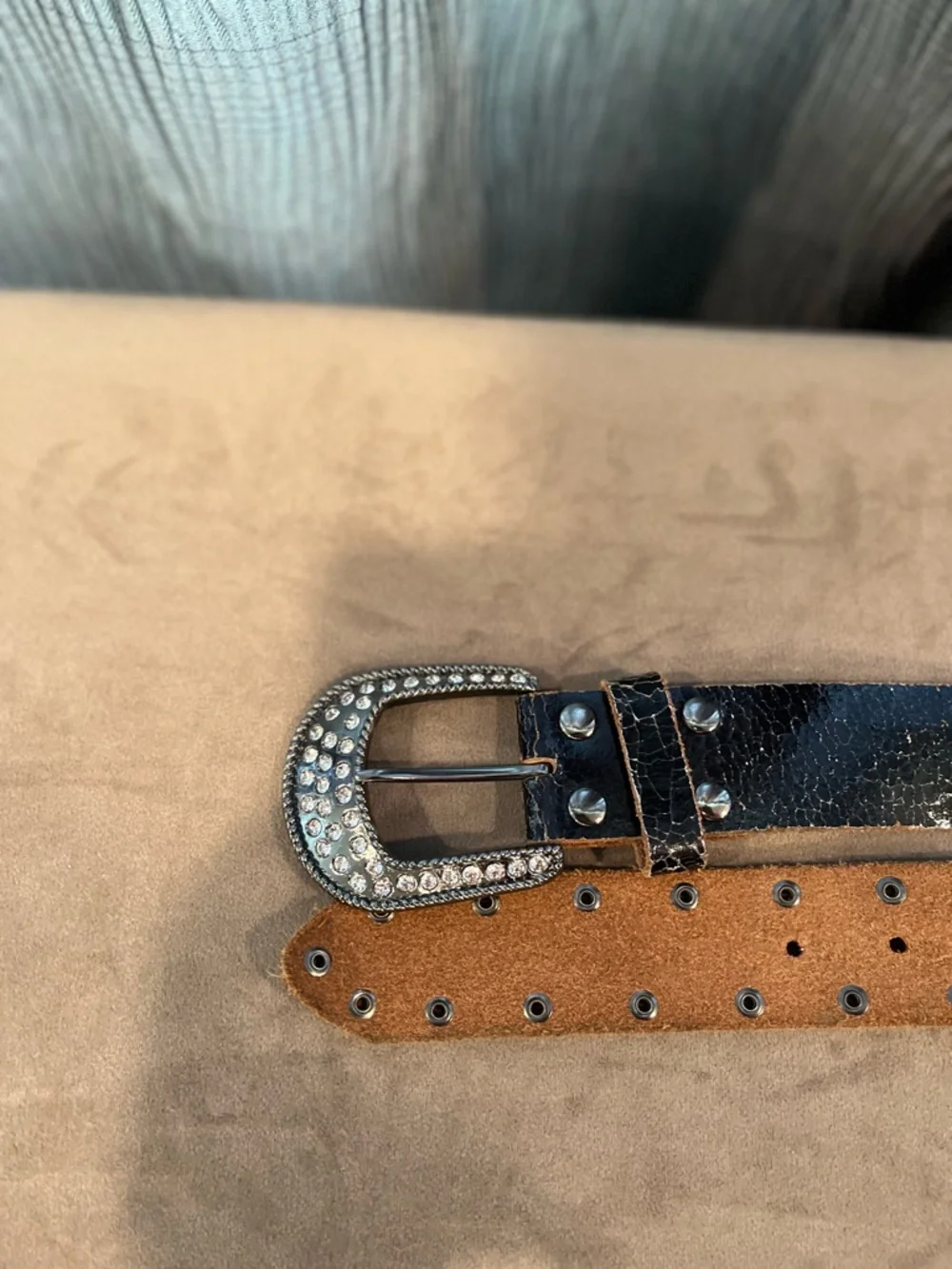 Ed Hardy Multicolored Floral Studded Leather Belt with Rhinestone Buckle Accent